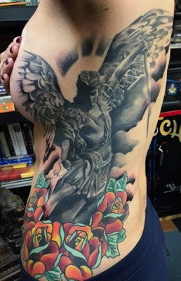  Saint Michael and American traditional roses tattoo  